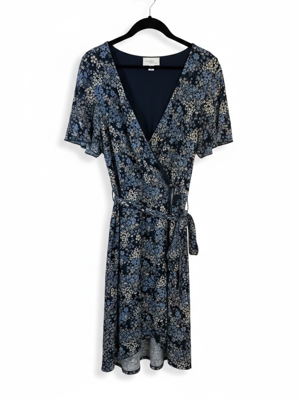 Morgan Taylor Navy Floral Wrap Midi Dress Short Sleeve Flutter High Low XL Boho - Picture 4 of 13